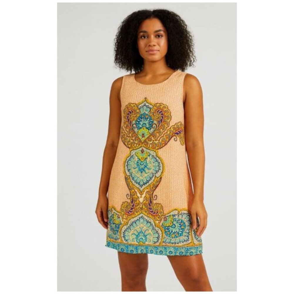 UNCLE FRANK Sleeveless Mini Shift Orange/Turquoise Baroque Paisley Women L